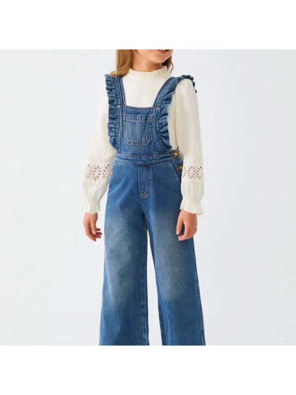 Size 12 Girls Abel & Lula Chic Blue Denim Kids Romper with Ruffle Straps